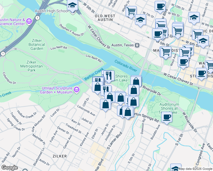 map of restaurants, bars, coffee shops, grocery stores, and more near 1617 Toomey Road in Austin