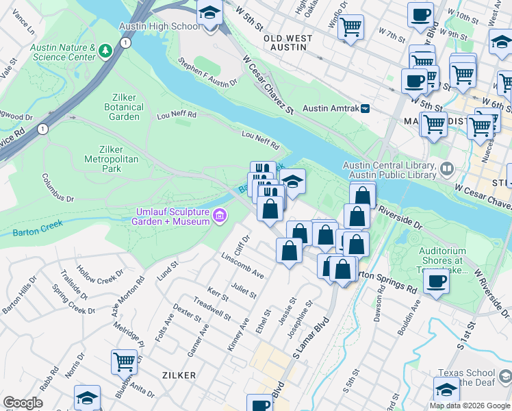 map of restaurants, bars, coffee shops, grocery stores, and more near in Austin