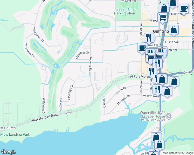 map of restaurants, bars, coffee shops, grocery stores, and more near 1430 Regency Road in Gulf Shores