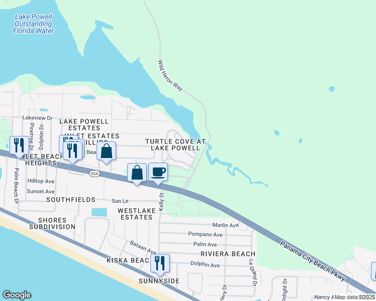 map of restaurants, bars, coffee shops, grocery stores, and more near 316 Terrapin Way in Panama City Beach