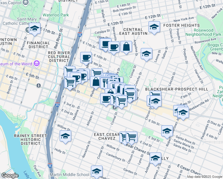 map of restaurants, bars, coffee shops, grocery stores, and more near 1401 East 7th Street in Austin