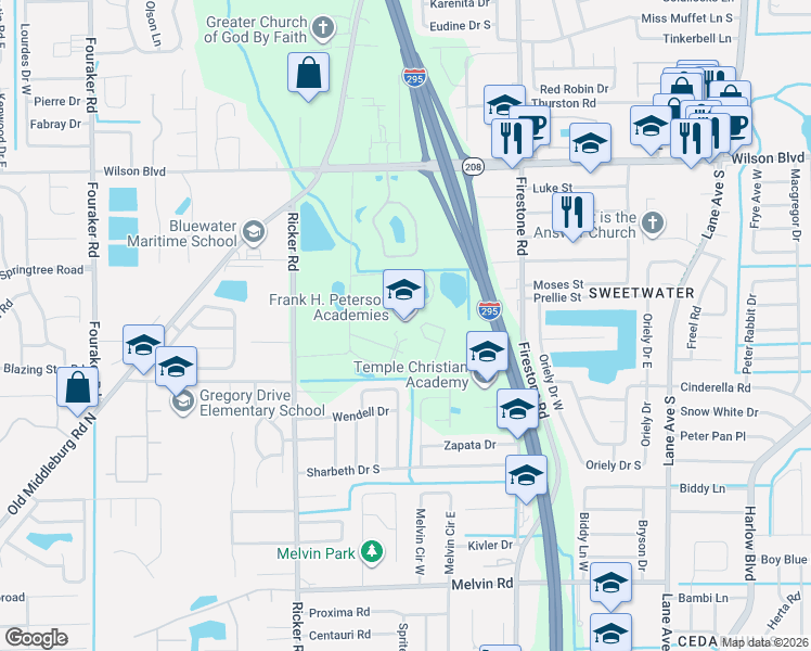 map of restaurants, bars, coffee shops, grocery stores, and more near Wilson Boulevard in Jacksonville