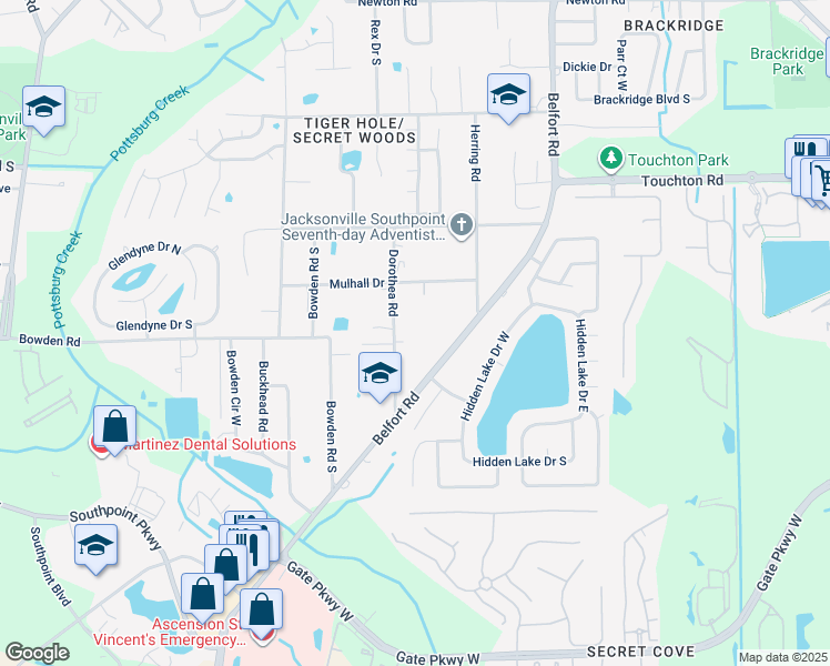 map of restaurants, bars, coffee shops, grocery stores, and more near 3474 Belfort Road in Jacksonville
