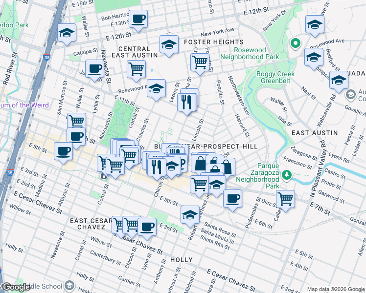 map of restaurants, bars, coffee shops, grocery stores, and more near 1910 East 9th Street in Austin