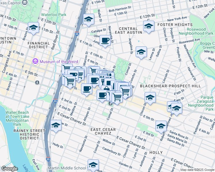 map of restaurants, bars, coffee shops, grocery stores, and more near 1405 East 7th Street in Austin