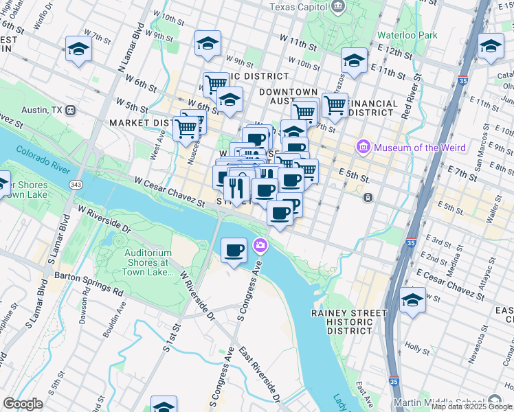 map of restaurants, bars, coffee shops, grocery stores, and more near 100 Colorado Street in Austin