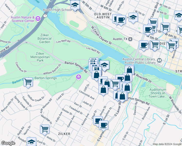 map of restaurants, bars, coffee shops, grocery stores, and more near 1872 Barton Springs Road in Austin