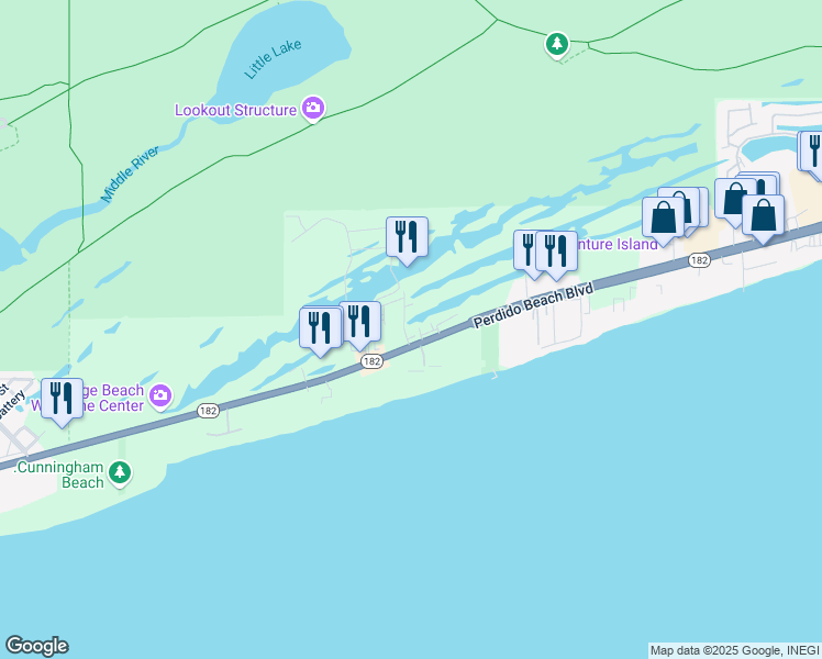 map of restaurants, bars, coffee shops, grocery stores, and more near 24281 Perdido Beach Boulevard in Orange Beach