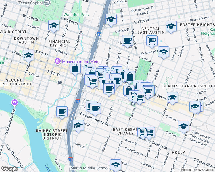 map of restaurants, bars, coffee shops, grocery stores, and more near in Austin