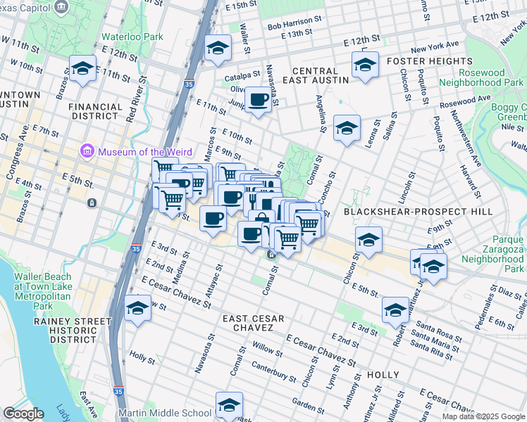 map of restaurants, bars, coffee shops, grocery stores, and more near 1401 East 7th Street in Austin