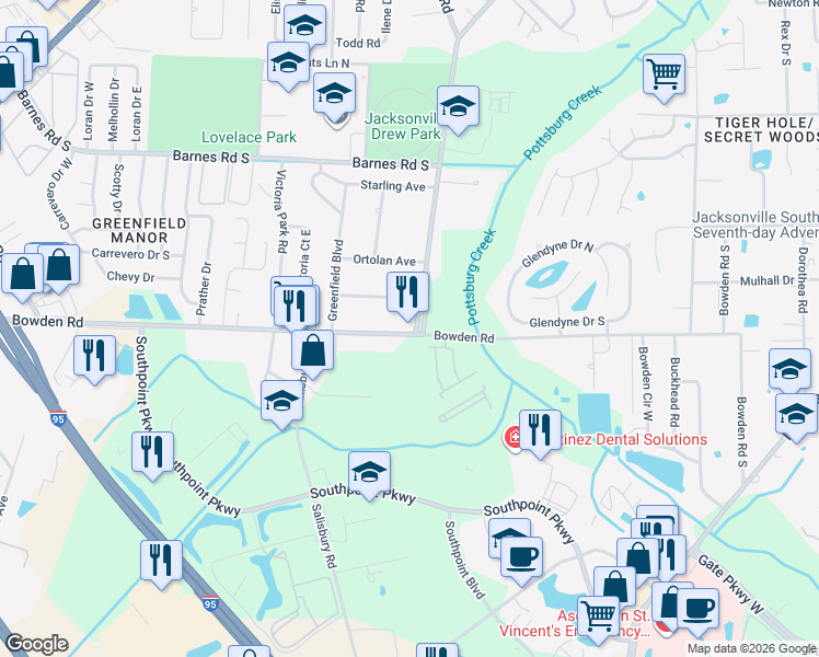 map of restaurants, bars, coffee shops, grocery stores, and more near 6661 Bowden Road in Jacksonville