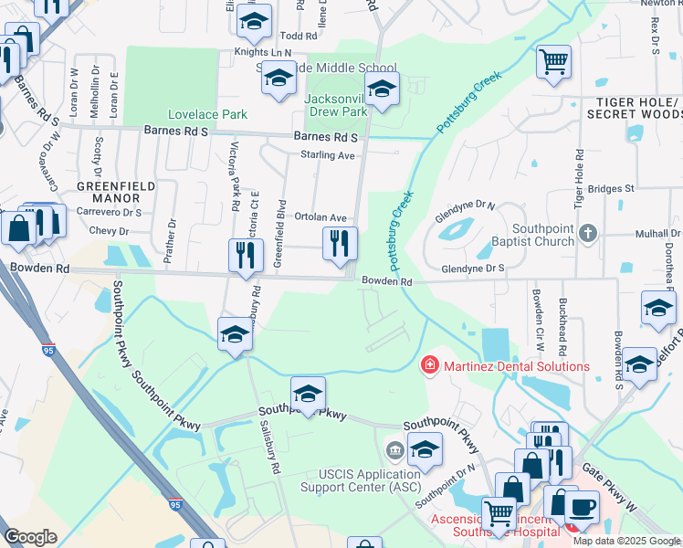 map of restaurants, bars, coffee shops, grocery stores, and more near 6661 Bowden Road in Jacksonville