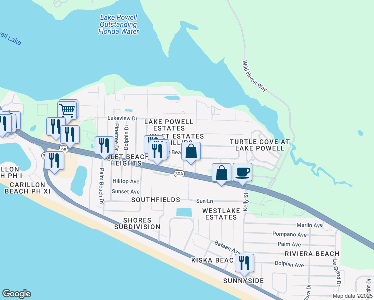 map of restaurants, bars, coffee shops, grocery stores, and more near 22212 Inlet Beach Drive in Panama City Beach