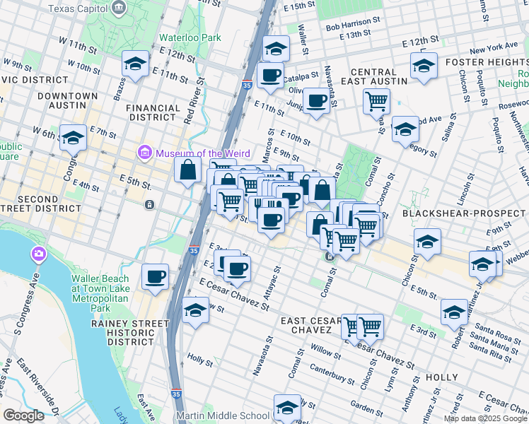 map of restaurants, bars, coffee shops, grocery stores, and more near in Austin