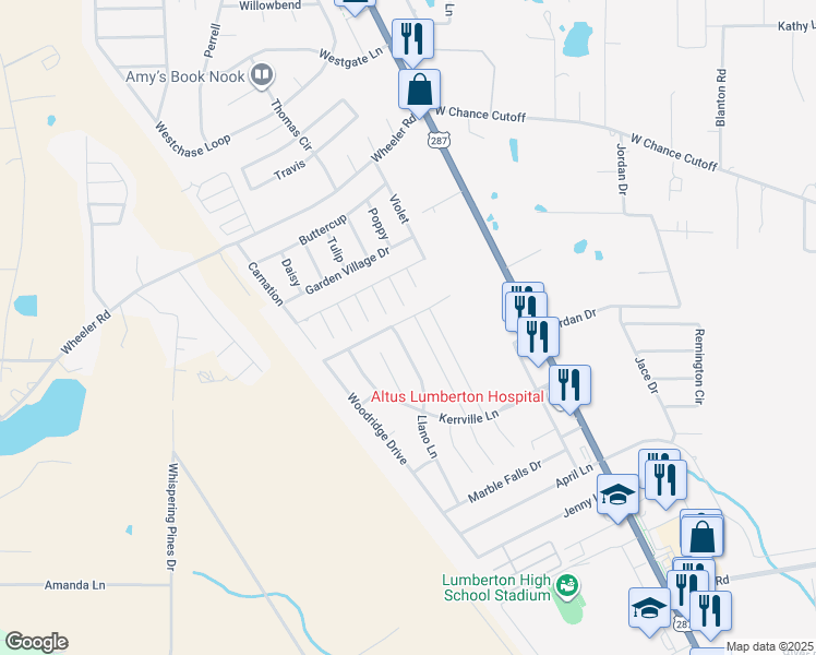 map of restaurants, bars, coffee shops, grocery stores, and more near 6690 Llano Lane in Lumberton