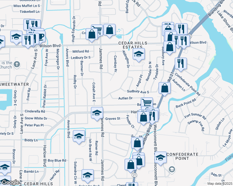 map of restaurants, bars, coffee shops, grocery stores, and more near 6305 Autlan Drive in Jacksonville