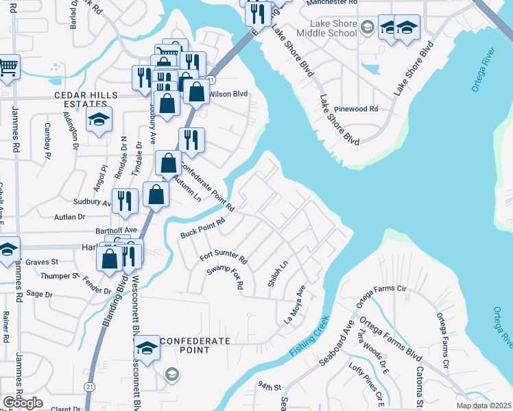 map of restaurants, bars, coffee shops, grocery stores, and more near 4301 Confederate Point Road in Jacksonville