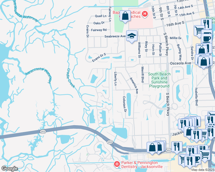 map of restaurants, bars, coffee shops, grocery stores, and more near 1593 Blue Heron Lane North in Jacksonville Beach