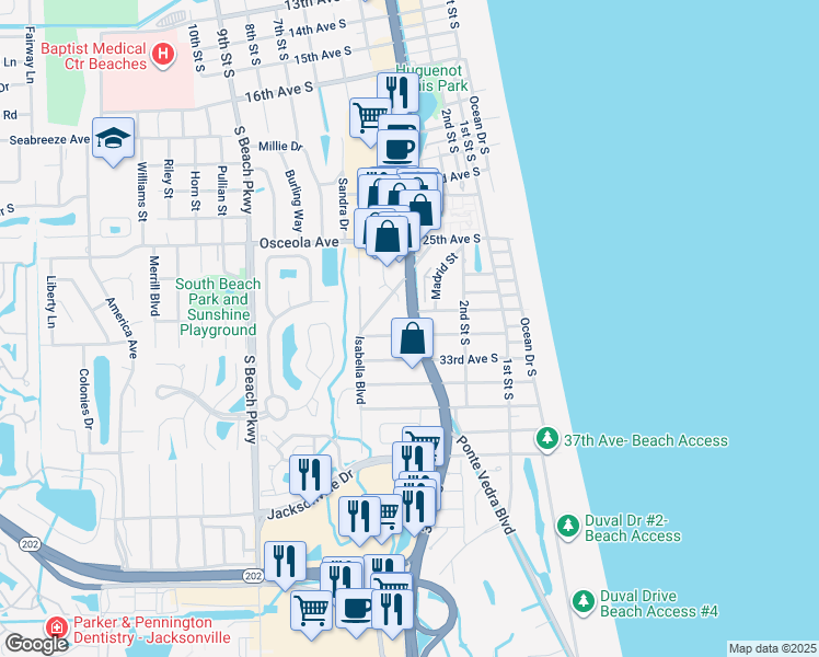 map of restaurants, bars, coffee shops, grocery stores, and more near 3090 3rd Street South in Jacksonville Beach