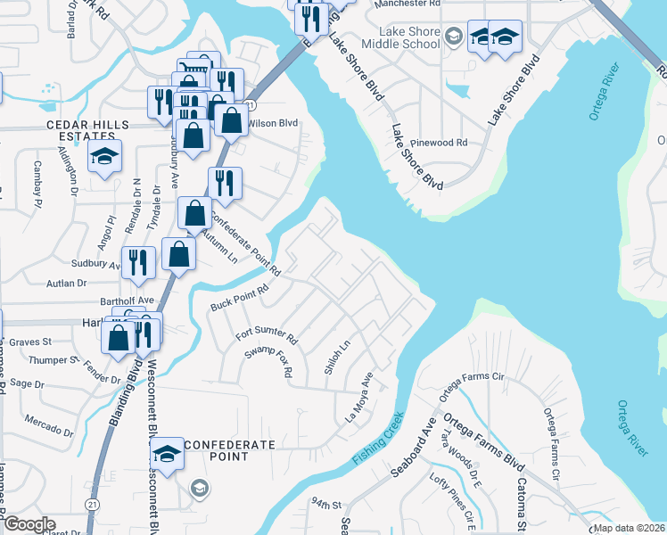 map of restaurants, bars, coffee shops, grocery stores, and more near 4301 Confederate Point Road in Jacksonville