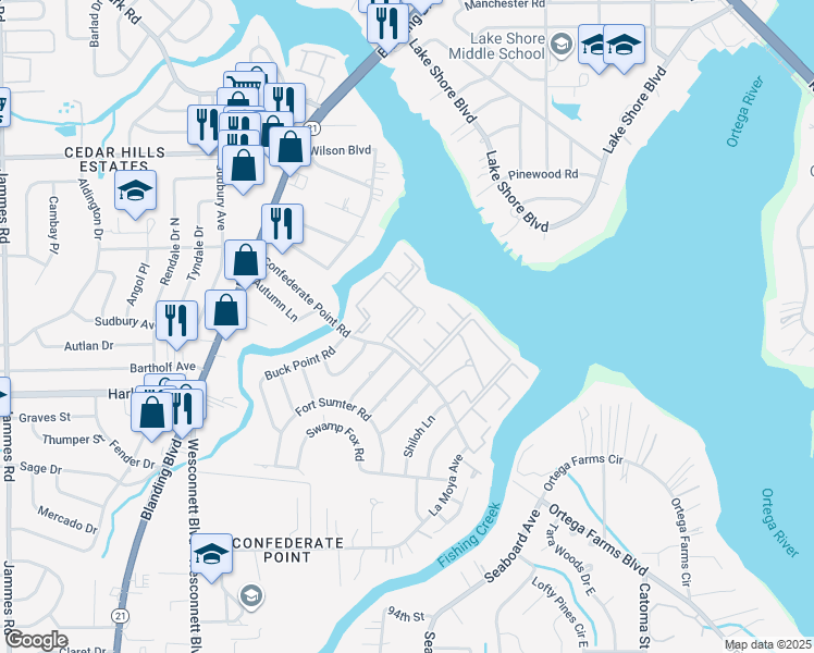 map of restaurants, bars, coffee shops, grocery stores, and more near 4301 Confederate Point Road in Jacksonville