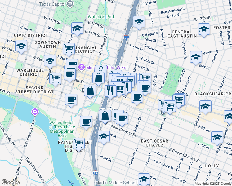 map of restaurants, bars, coffee shops, grocery stores, and more near 901 East 5th Street in Austin