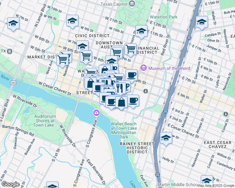 map of restaurants, bars, coffee shops, grocery stores, and more near 106 East 2nd Street in Austin