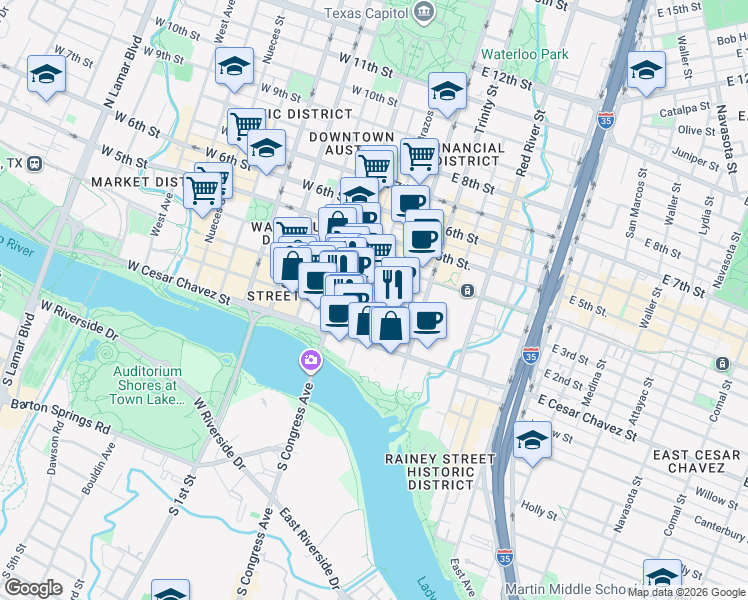 map of restaurants, bars, coffee shops, grocery stores, and more near 106 East 2nd Street in Austin