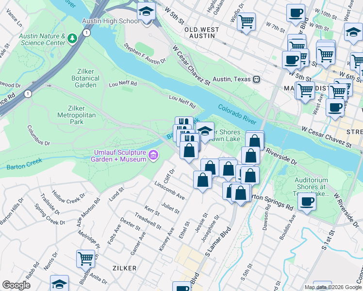 map of restaurants, bars, coffee shops, grocery stores, and more near 1872 Barton Springs Road in Austin
