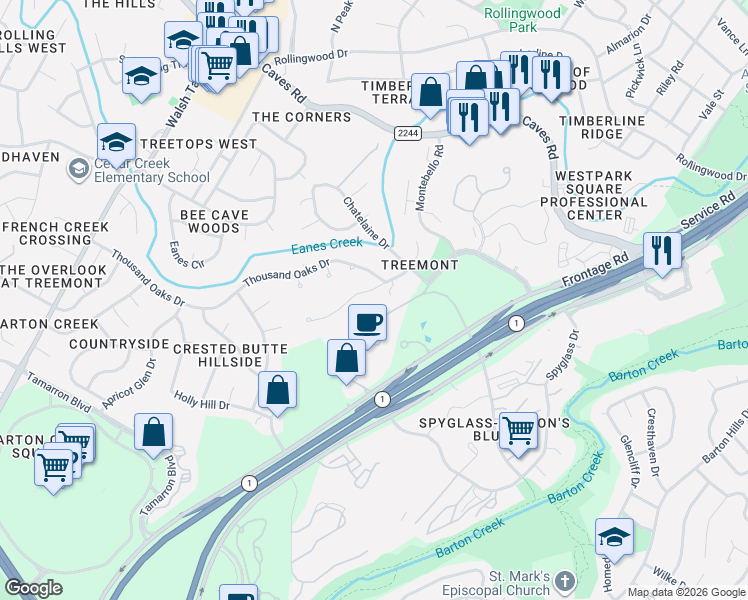 map of restaurants, bars, coffee shops, grocery stores, and more near 2803 Regents Park in Austin