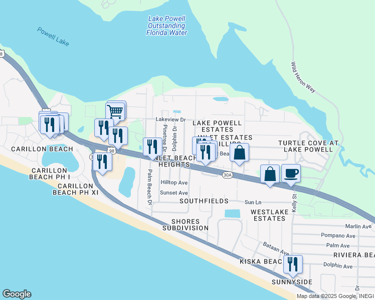 map of restaurants, bars, coffee shops, grocery stores, and more near 504 Sea Breeze Drive in Panama City Beach