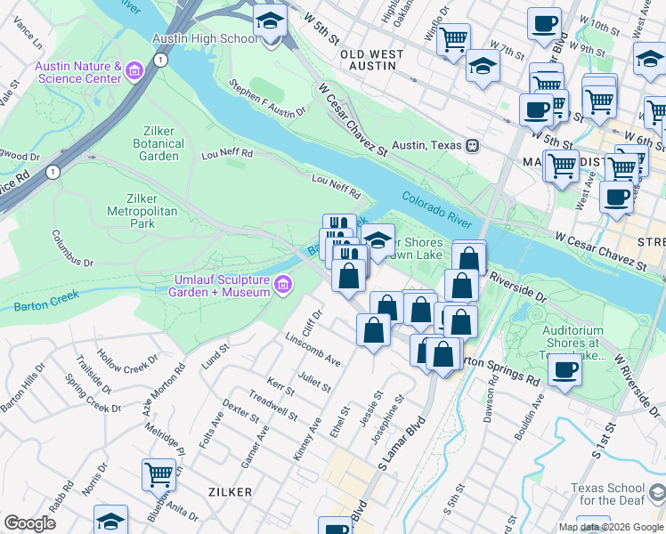 map of restaurants, bars, coffee shops, grocery stores, and more near 1872 Barton Springs Road in Austin