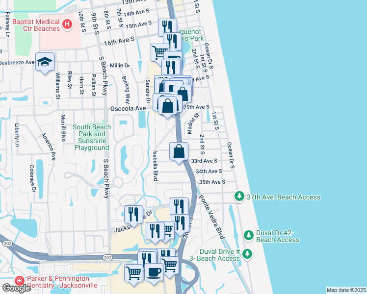 map of restaurants, bars, coffee shops, grocery stores, and more near 3200 3rd Street South in Jacksonville Beach