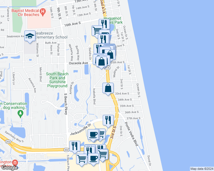map of restaurants, bars, coffee shops, grocery stores, and more near 3090 3rd Street South in Jacksonville Beach