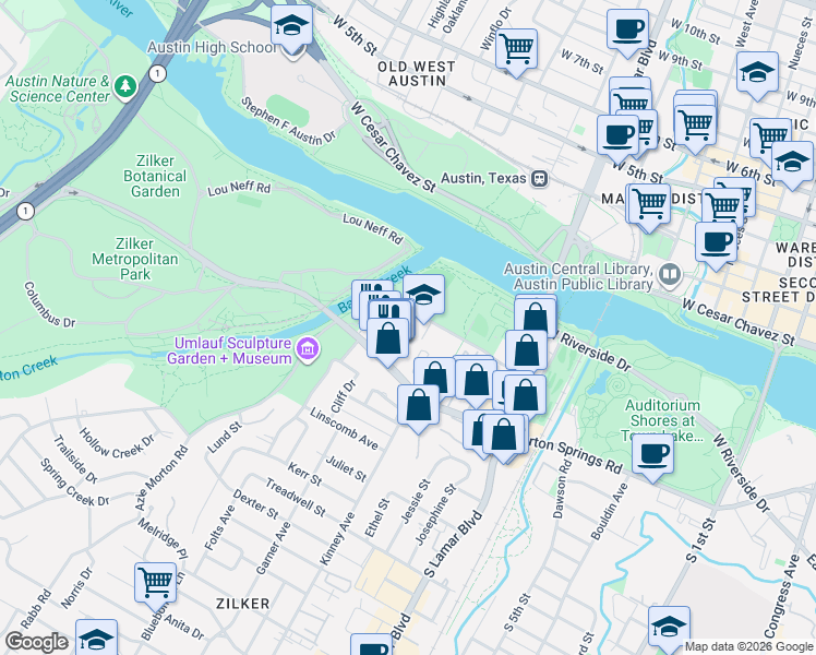 map of restaurants, bars, coffee shops, grocery stores, and more near 1717 Toomey Road in Austin