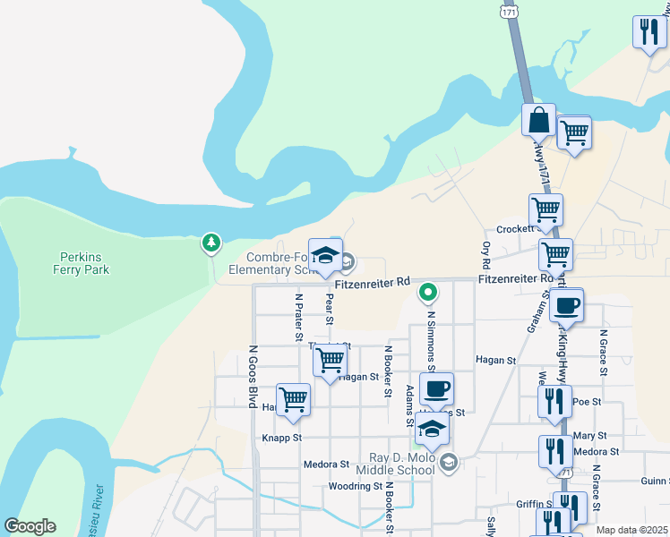 map of restaurants, bars, coffee shops, grocery stores, and more near 2115 Fitzenreiter Road in Lake Charles