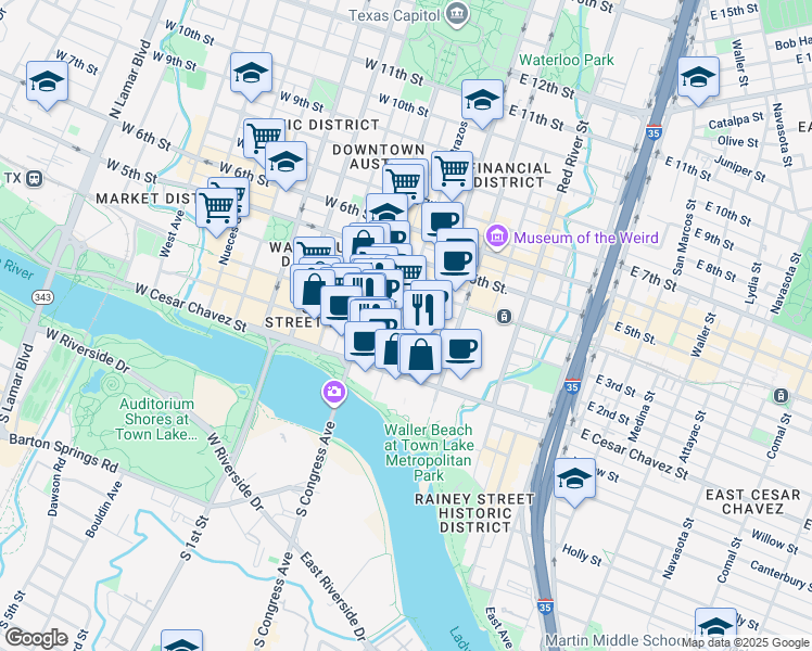 map of restaurants, bars, coffee shops, grocery stores, and more near 106 East 2nd Street in Austin