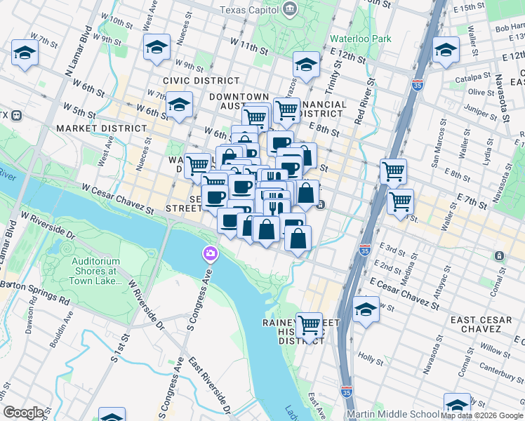 map of restaurants, bars, coffee shops, grocery stores, and more near 211 East 3rd Street in Austin