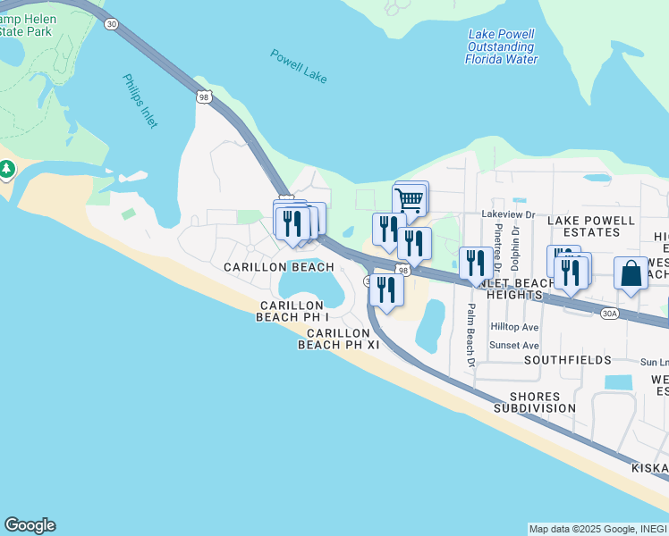 map of restaurants, bars, coffee shops, grocery stores, and more near 118 Carillon Market Street in Panama City Beach