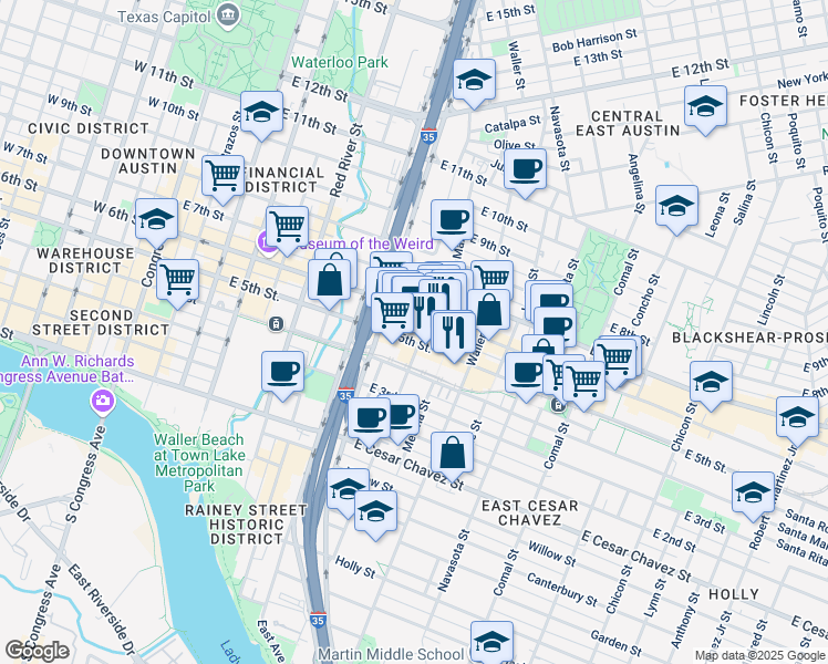 map of restaurants, bars, coffee shops, grocery stores, and more near 500 San Marcos Street in Austin