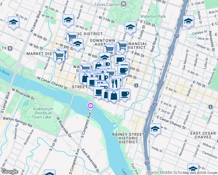 map of restaurants, bars, coffee shops, grocery stores, and more near 106 East 2nd Street in Austin