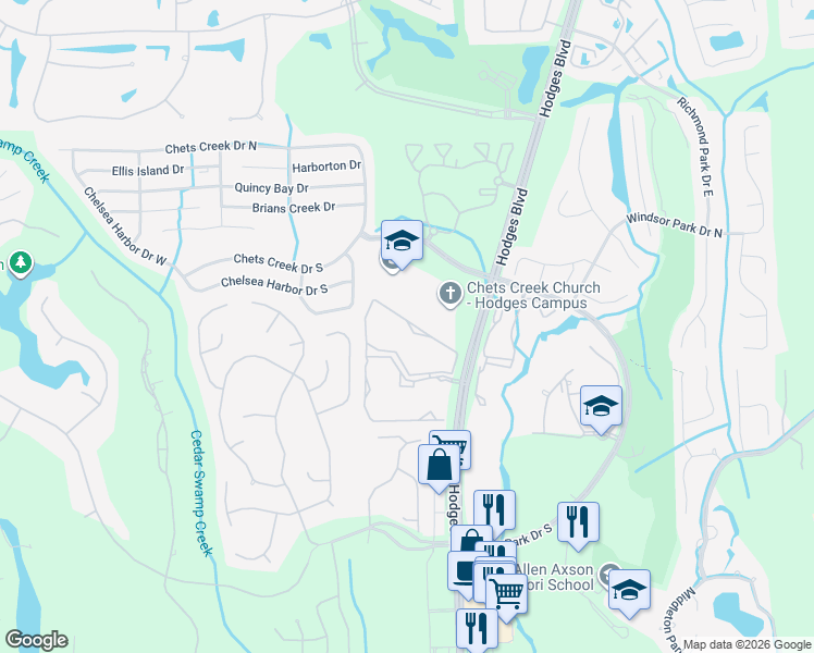 map of restaurants, bars, coffee shops, grocery stores, and more near 4460 Hodges Boulevard in Jacksonville