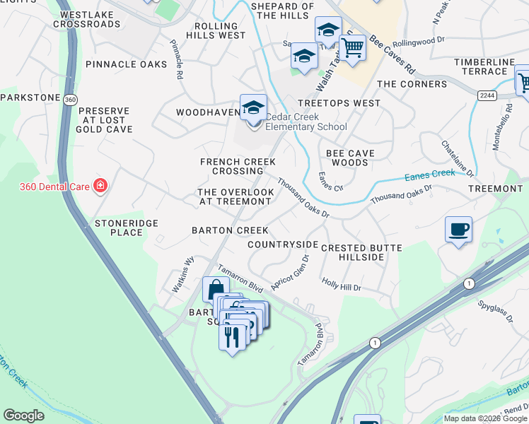 map of restaurants, bars, coffee shops, grocery stores, and more near 1809 Stoneridge Road in Austin