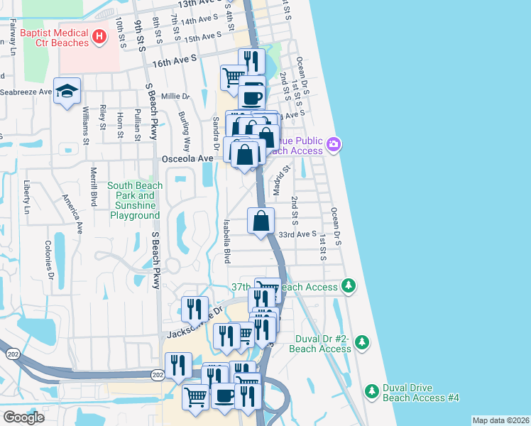 map of restaurants, bars, coffee shops, grocery stores, and more near 3200 3rd Street South in Jacksonville Beach