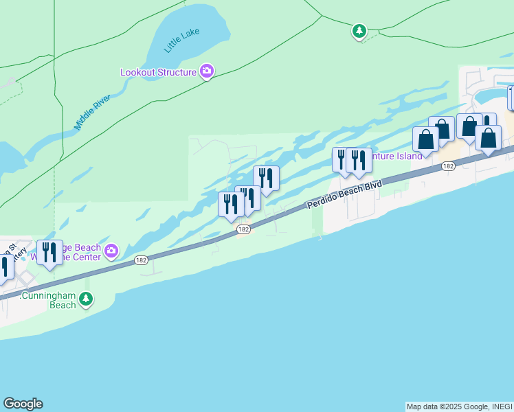 map of restaurants, bars, coffee shops, grocery stores, and more near 24281 Perdido Beach Boulevard in Orange Beach
