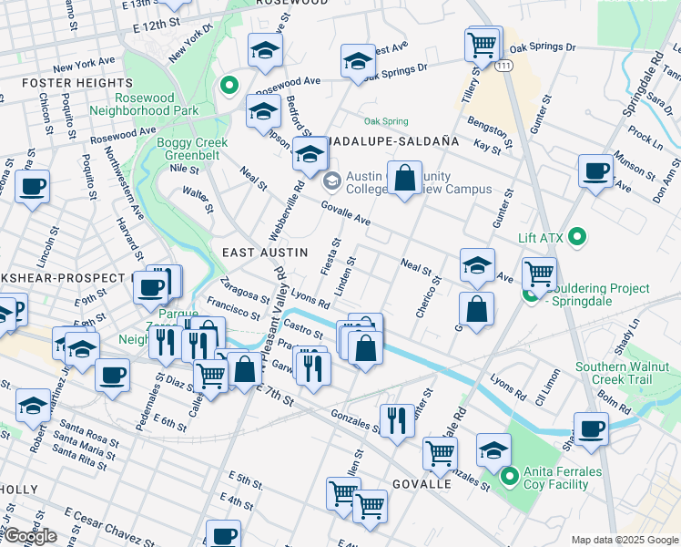 map of restaurants, bars, coffee shops, grocery stores, and more near 911 Linden Street in Austin