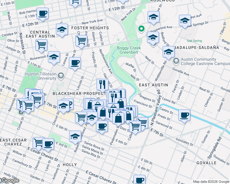 map of restaurants, bars, coffee shops, grocery stores, and more near 2416 East 8th Street in Austin