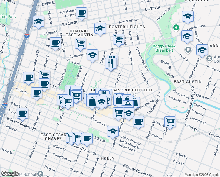 map of restaurants, bars, coffee shops, grocery stores, and more near 1910 East 9th Street in Austin