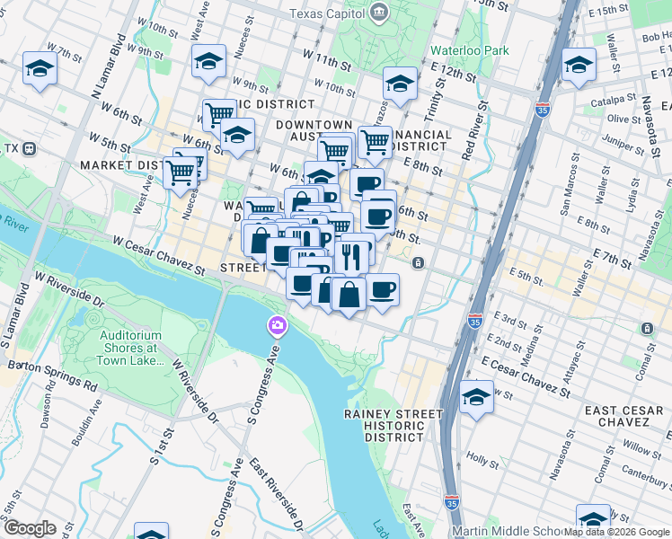 map of restaurants, bars, coffee shops, grocery stores, and more near 106 East 2nd Street in Austin