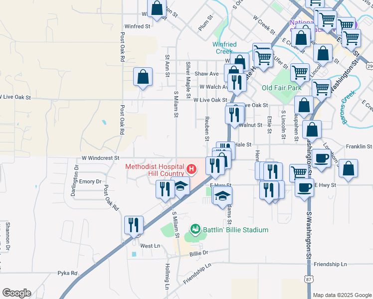 map of restaurants, bars, coffee shops, grocery stores, and more near 228-286 West Windcrest Street in Fredericksburg